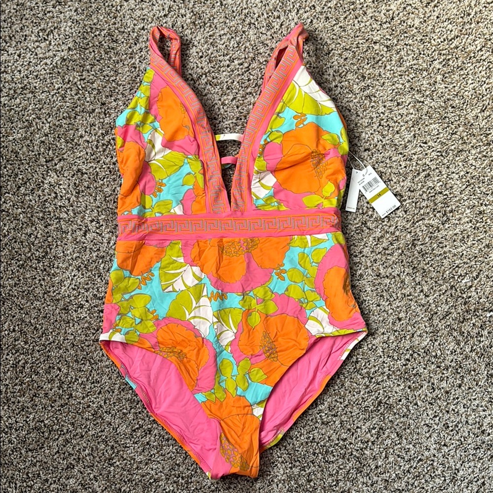 Trina Turk Orange and Pink One Piece Swimsuit with Plunging V-neckline
